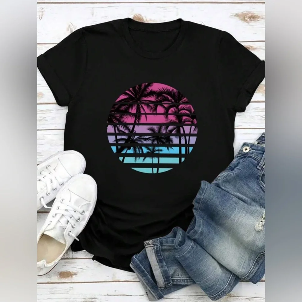 INAWLY Palm Tree Sunset Colorful Sky Print Casual T-Shirt Graphic Tees Size L - Picture 2 of 5